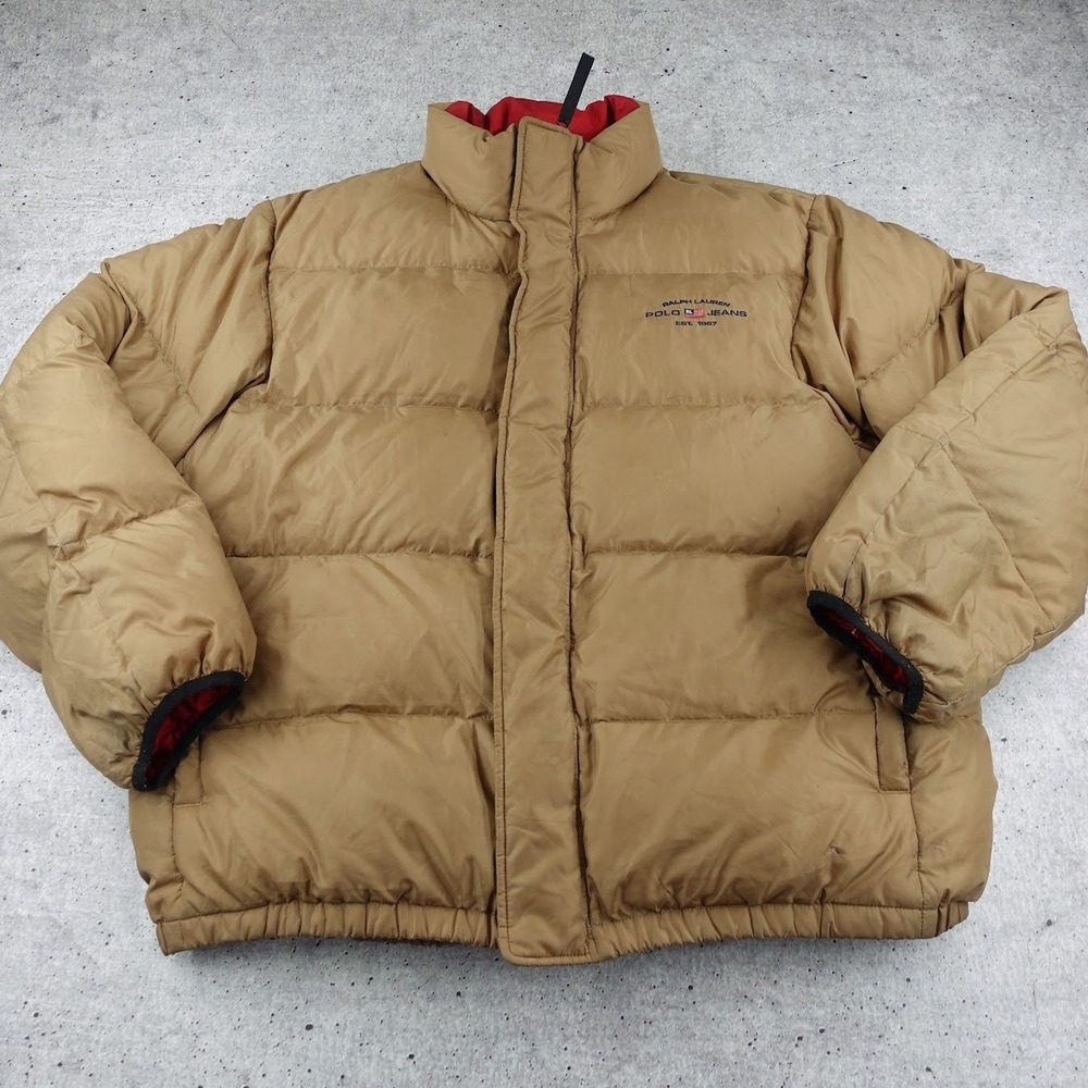 Vintage Ralph Lauren Polo Jeans Co Tan Down Puffer Jacket American Flag Mens XL